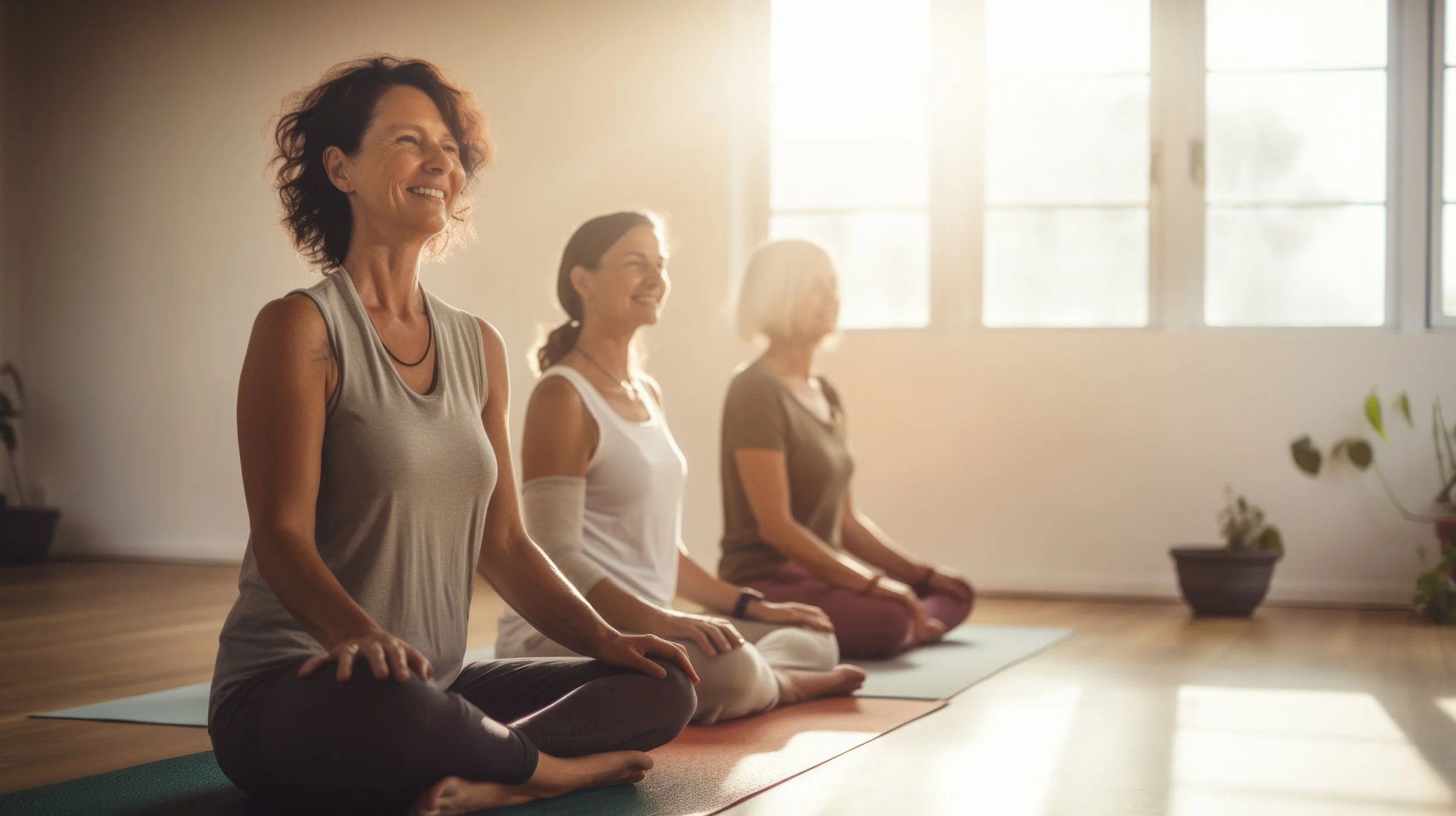 perimenopausal women doing yoga to help ease physical symptoms