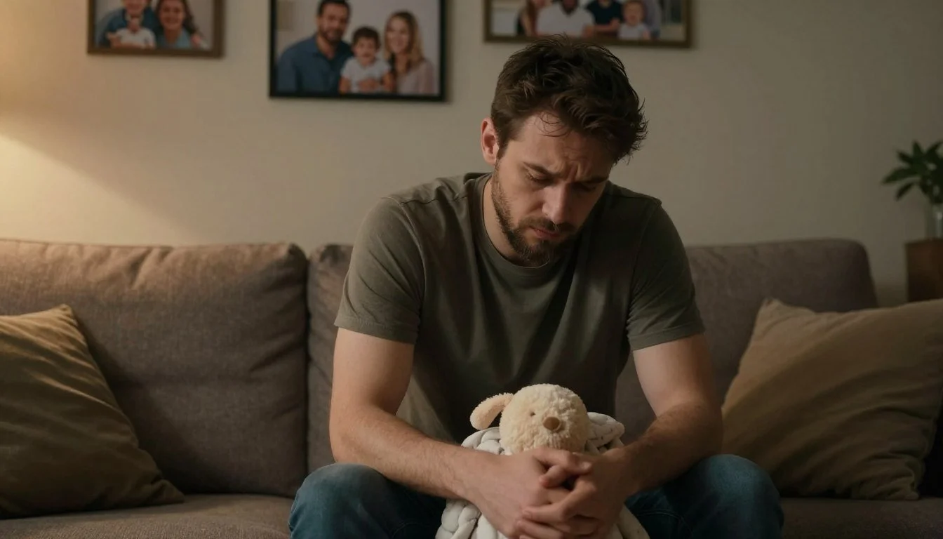 dad holding stuffed animal frowning because he has postpartum depression in fathers and needs therapy, therapy for dads in raleigh, postpartum depression in fathers the mental health crisis no one talks about