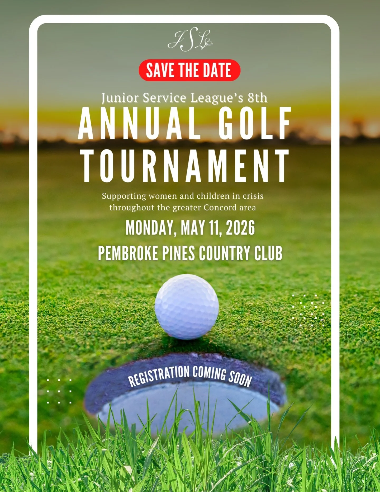 ⛳ Save the Date!

Join us for the Junior Service League of Concord&rsquo;s 8th Annual Golf Tournament, a fun day on the course supporting women and children in crisis throughout the Greater Concord area.

📅 Monday, May 11, 2026
📍 Pembroke Pines Cou
