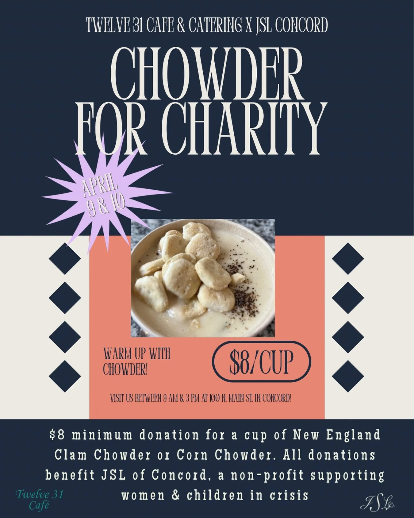 Concord friends, we have a delicious way to support the community.

🍲 Chowder for Charity
📅 April 9 &amp; 10
📍 @twelve31_events 

For an $8 you&rsquo;ll receive a cup of clam or corn chowder, with all proceeds supporting the work of the Junior Ser