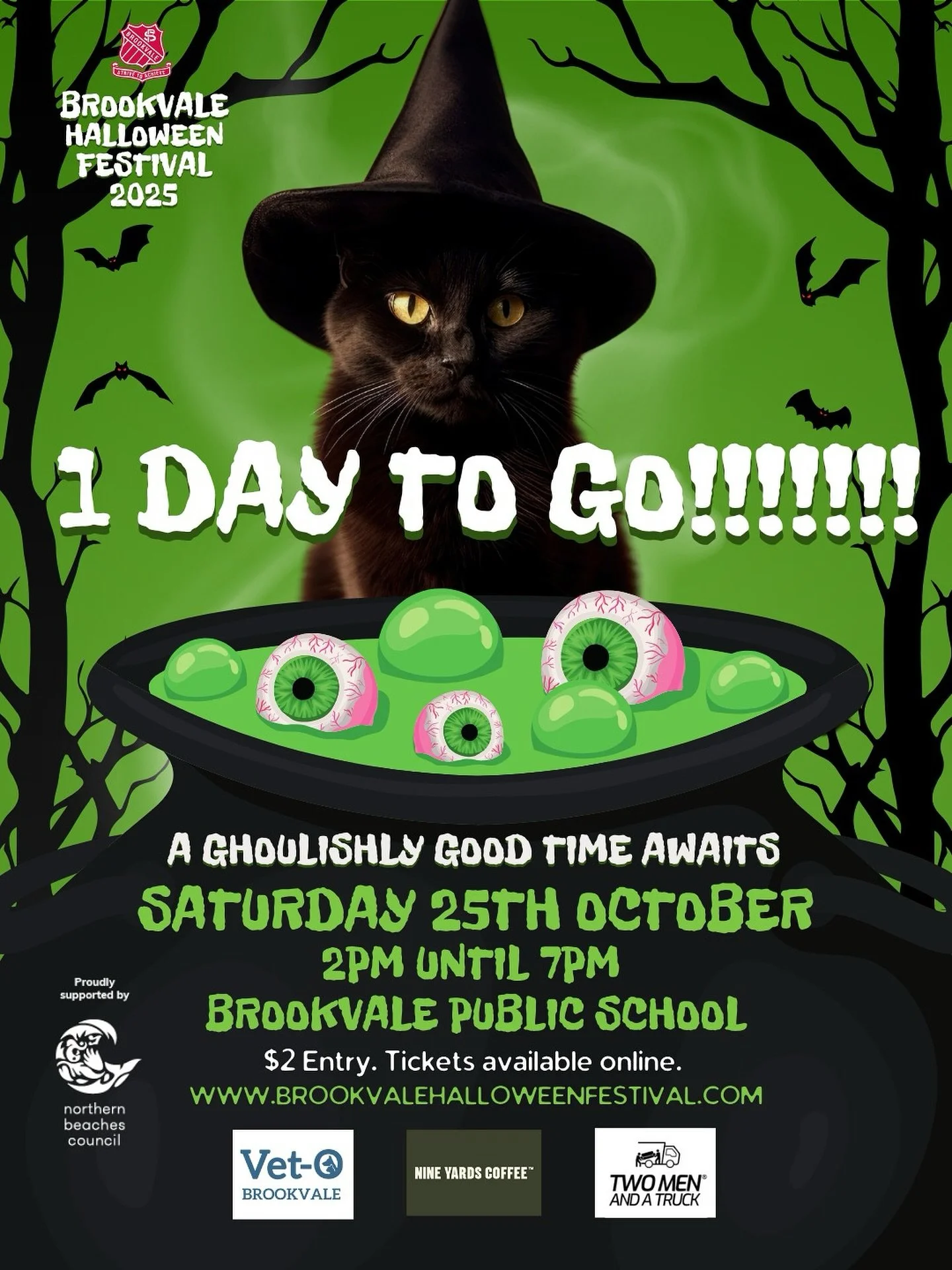 🎃 One day to go! 👻
Brookvale Halloween Festival is tomorrow! 🧡 

Online tickets close midday today, but don&rsquo;t worry you can grab yours at the gate from 2pm.

Join us from 2pm&ndash;7pm for an afternoon packed with spooky fun, food, games and