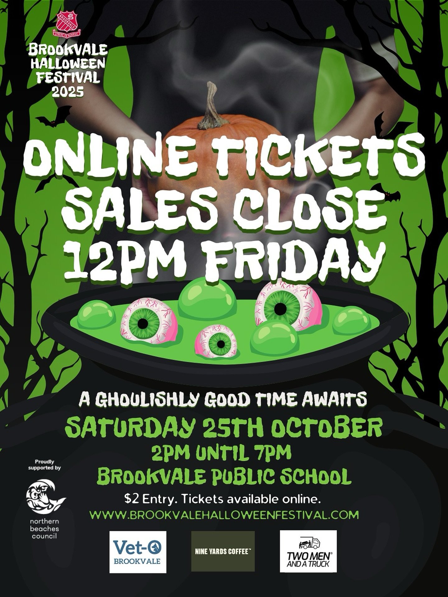 Only 24 hours left to grab your Brookvale Halloween Festival tickets online! 

👻 Sales close 12pm Friday 24/10/25
Don&rsquo;t miss out! Tickets also available at the gate from 2pm 🧡🖤