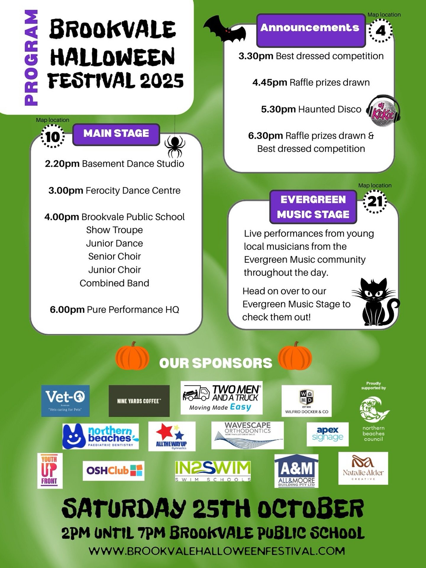 📣 Performance Times Alert!
Mark your calendars for our Main Stage, announcements and Evergreen Music Stage line-up at the Brookvale Halloween Festival:

Gates open at 2 pm. Fun all the way until closing at 7pm.

Disco with DJ Kit Kat kicks off at 5: