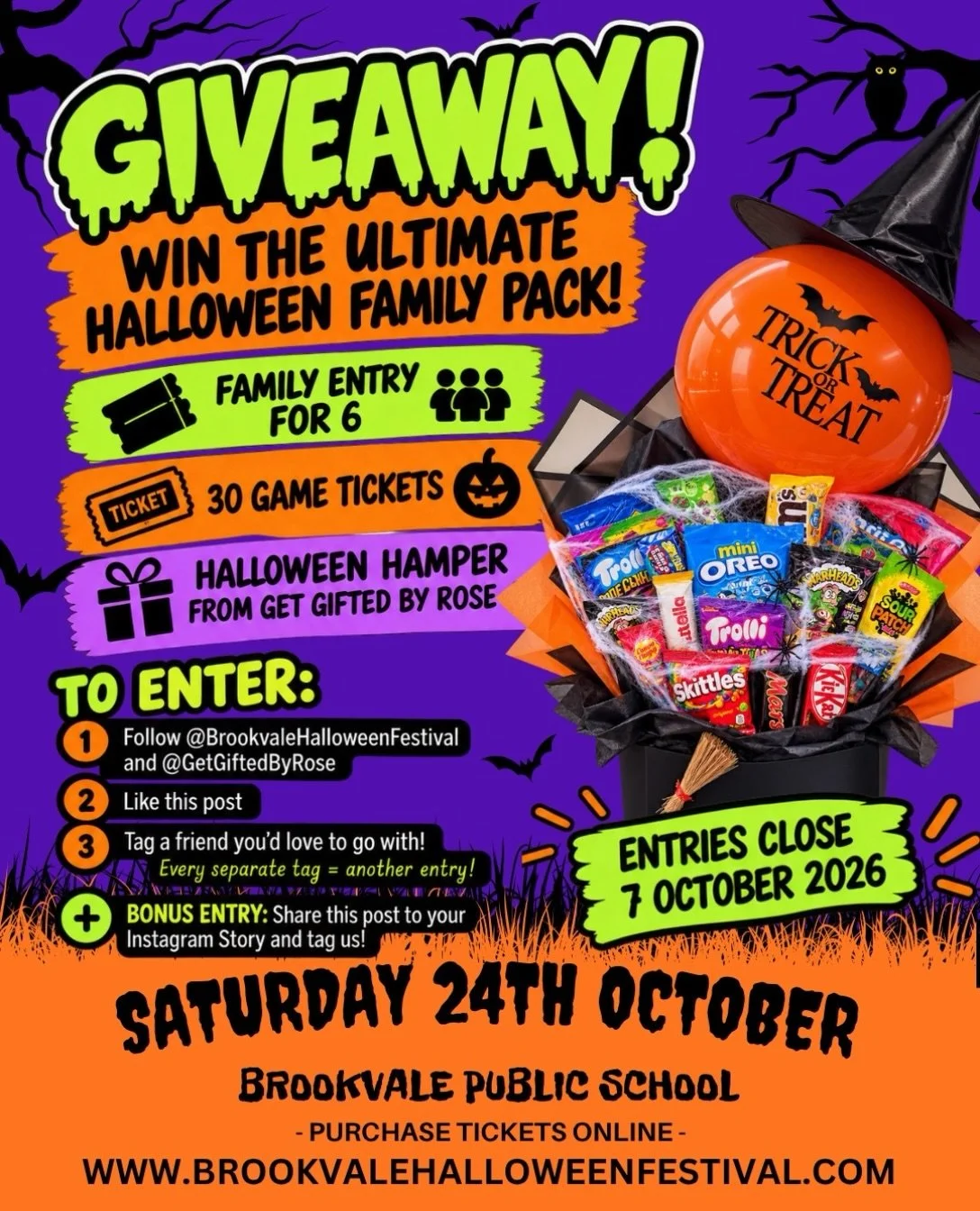 🎃GIVEAWAY TIME!🎃

We&rsquo;re giving one lucky family the chance to WIN the ultimate Brookvale Halloween Festival Family Pack!

THE PRIZE:
🎟️ Entry to Brookvale Halloween Festival for up to 6 people
🎃 30 Game Tickets to use on the day
🎁 A gorgeo