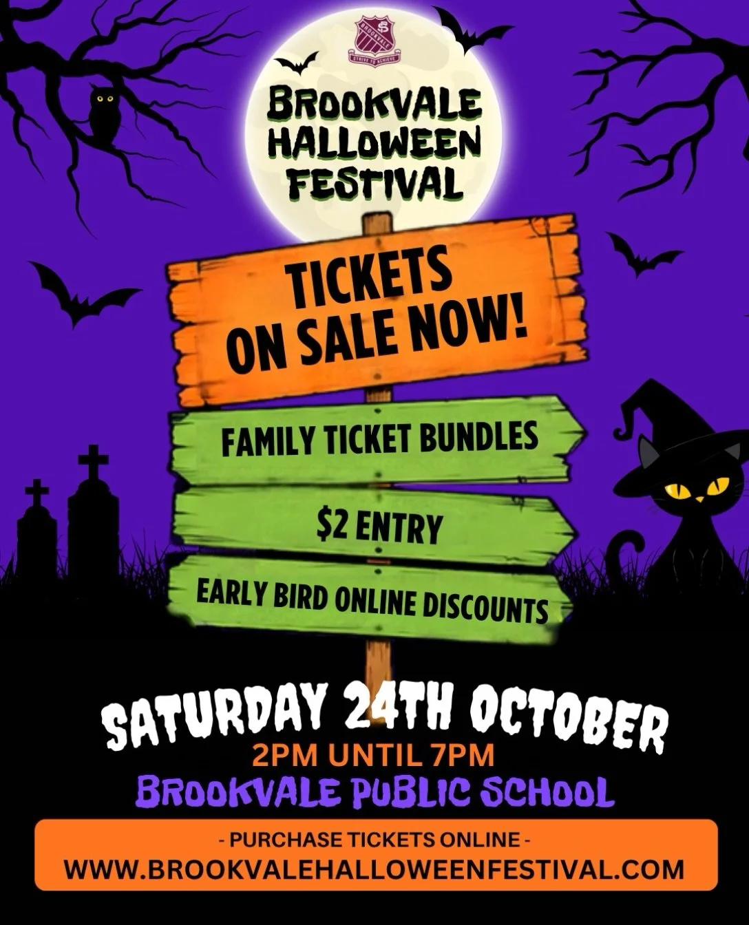 TICKETS ON SALE NOW! 👻

The countdown is on! Brookvale Halloween Festival is back for another spooktacular afternoon of family fun! 

Saturday 24 October 2026
2pm &ndash; 7pm
Brookvale Public School

🎟️ Entry just $2 per person!

Grab your discount