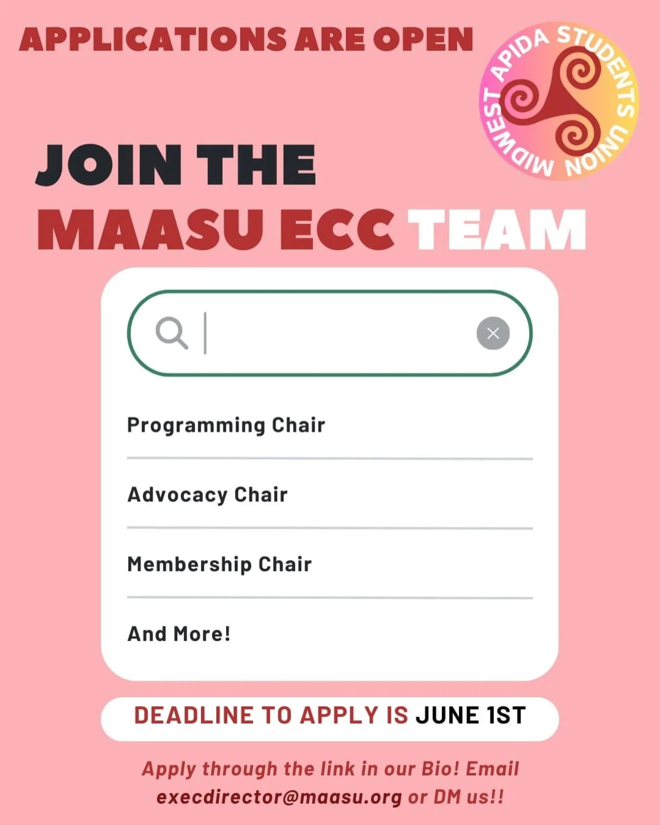 MAASU ECC applications are officially open&mdash;deadline is June 1st! 📝

Curious about why you should join? Check out &lsquo;Meet the ECC and DC&rsquo; to see how we&rsquo;re all about empowering and celebrating the APIDA community. 💛

Have questi