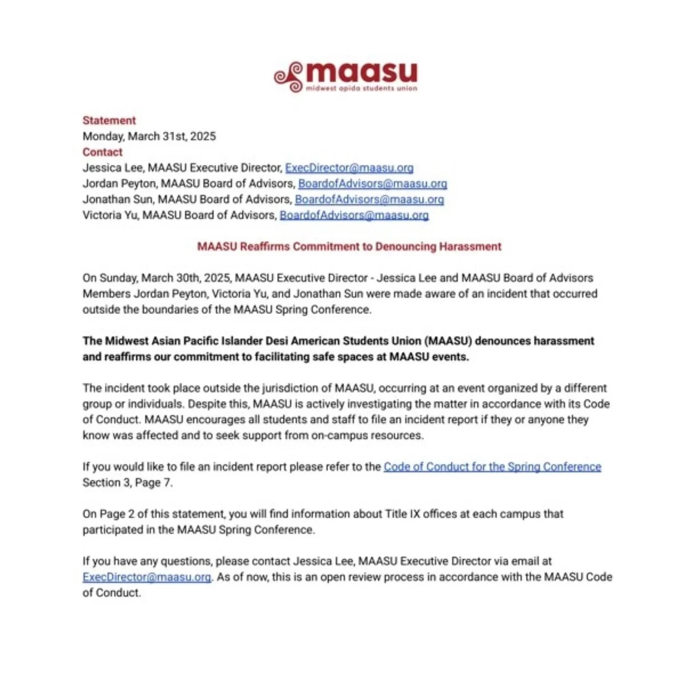 Link to statement with hyperlinks to resources is in our bio via linktree.

On Sunday, March 30th, 2025, MAASU Executive Director - Jessica Lee and MAASU Board of Advisors Members Jordan Peyton, Victoria Yu, and Jonathan Sun were made aware of an inc