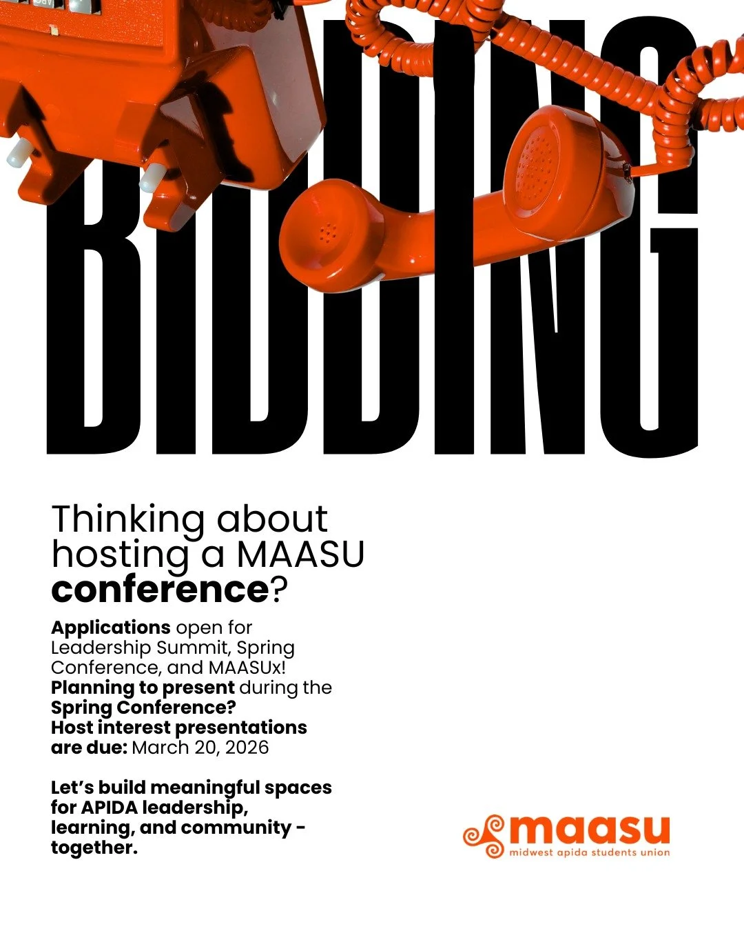 🏫 Thinking About Hosting a MAASU Conference? 🏫

The Midwest Asian Pacific Islander Desi American Students Union (MAASU) is now accepting applications to host:

Leadership Summit (LS) - Summer or Fall 2026

Spring Conference (SC) - Spring 2027

MAAS