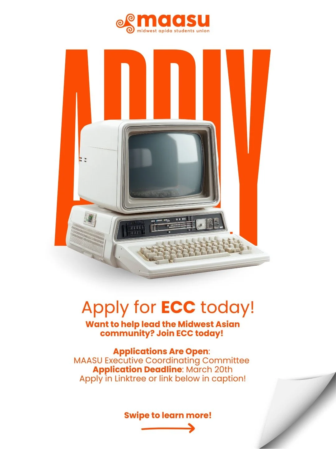 ✨ Applications Are Open: MAASU Executive Coordinating Committee (ECC)! ✨

The Midwest Asian Pacific Islander Desi American Students Union Executive Coordinating Committee (ECC) is seeking dedicated student leaders to help guide MAASU&rsquo;s mission,