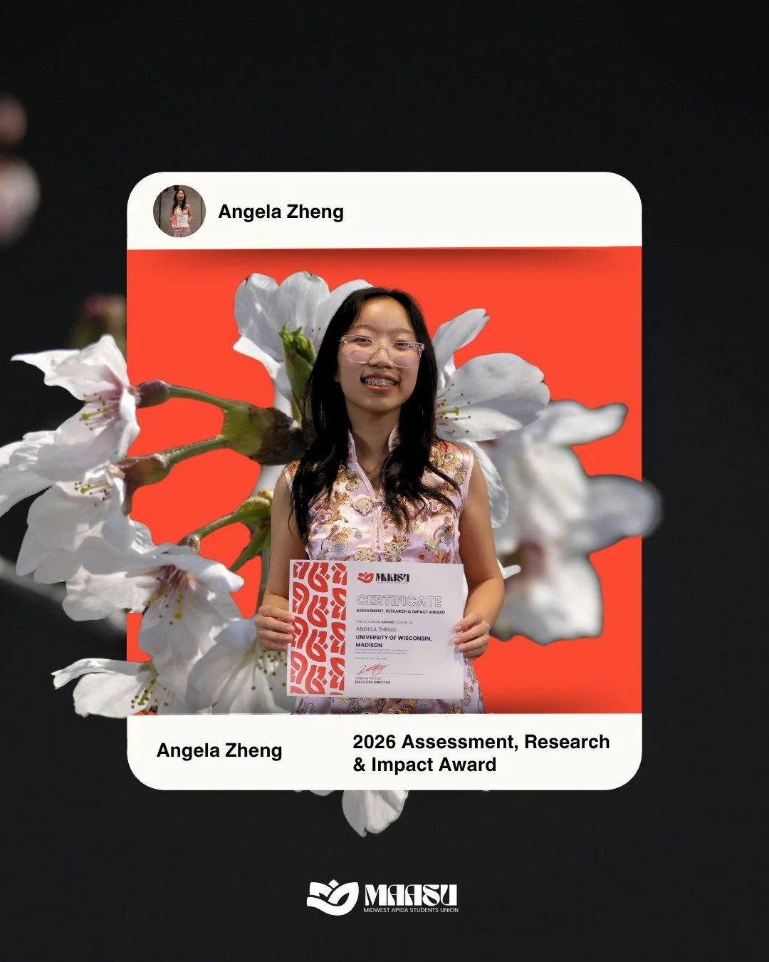 📊 2026 Assessment, Research &amp; Impact Award 📊

Please join us in celebrating Angela Zheng from the University of Wisconsin&ndash;Madison! 🎉

As a MAASU Research Fellow, Angela has played a critical role in advancing data-driven storytelling and
