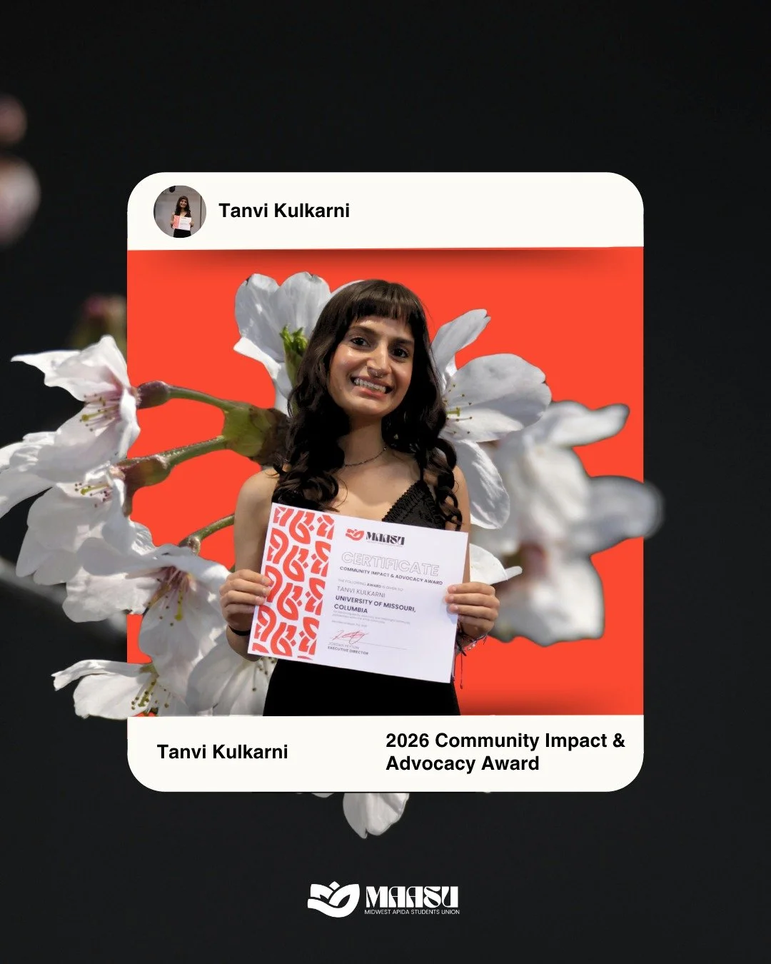 🌟 2026 Community Impact &amp; Advocacy Award 🌟

Please join us in celebrating Tanvi Kulkarni from the University of Missouri&ndash;Columbia! 🎉

As a dedicated leader in the Asian American Association, Tanvi&rsquo;s work centers on building unity, 