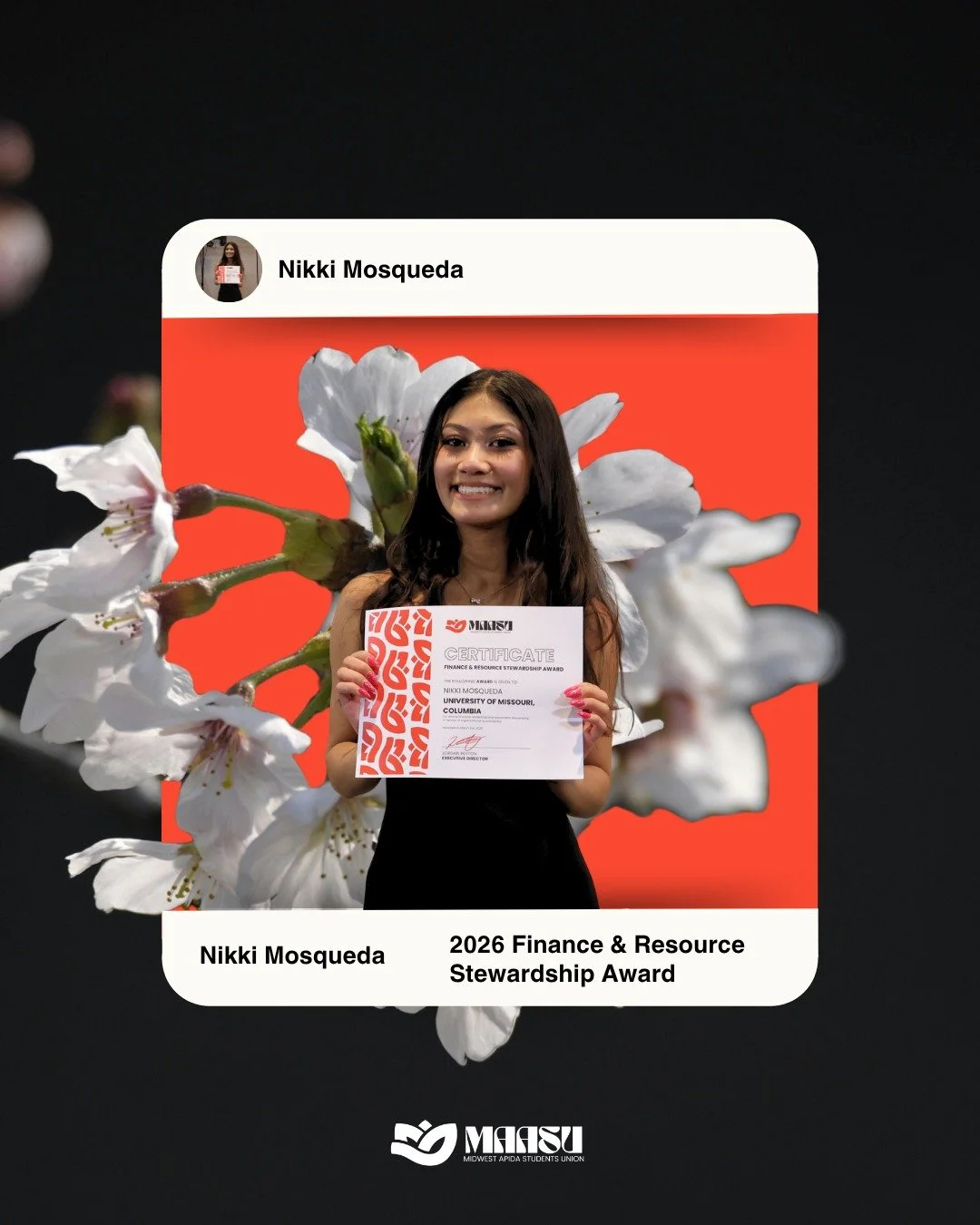 💰 2026 Finance &amp; Resource Stewardship Award 💰

Please join us in celebrating Nikki Mosqueda from the University of Missouri&ndash;Columbia! 🎉

As Treasurer of the Asian American Association, Nikki&rsquo;s leadership ensures that community visi