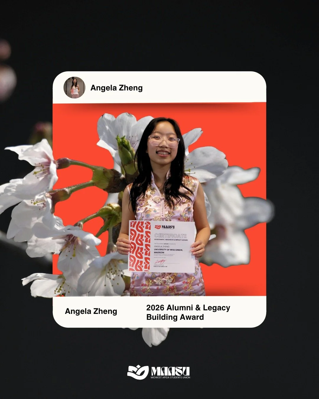 🌱 2026 Alumni &amp; Legacy Building Award 🌱

Please join us in celebrating Angela Zheng from the University of Wisconsin&ndash;Madison! 🎉

Angela&rsquo;s impact extends beyond the present&mdash;her work is helping shape the legacy of APIDA student