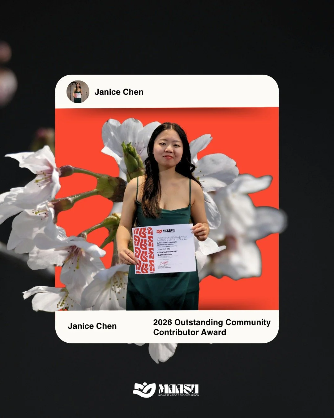 🌟 2026 Outstanding Community Contributor Award 🌟

Please join us in celebrating Janice Chen from Indiana University Bloomington! 🎉

Janice&rsquo;s impact on the MAASU community is defined by her dedication, mentorship, and commitment to collective