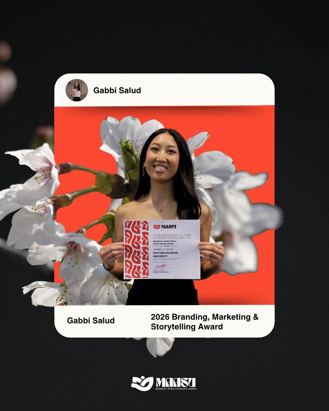 🎨 2026 Branding, Marketing &amp; Storytelling Award 🎨

Please join us in celebrating Gabbi Salud from Western Michigan University! 🎉

As President of APASA and Co-Director of the MAASU Spring Conference 2026, Gabbi has led with a clear vision for 
