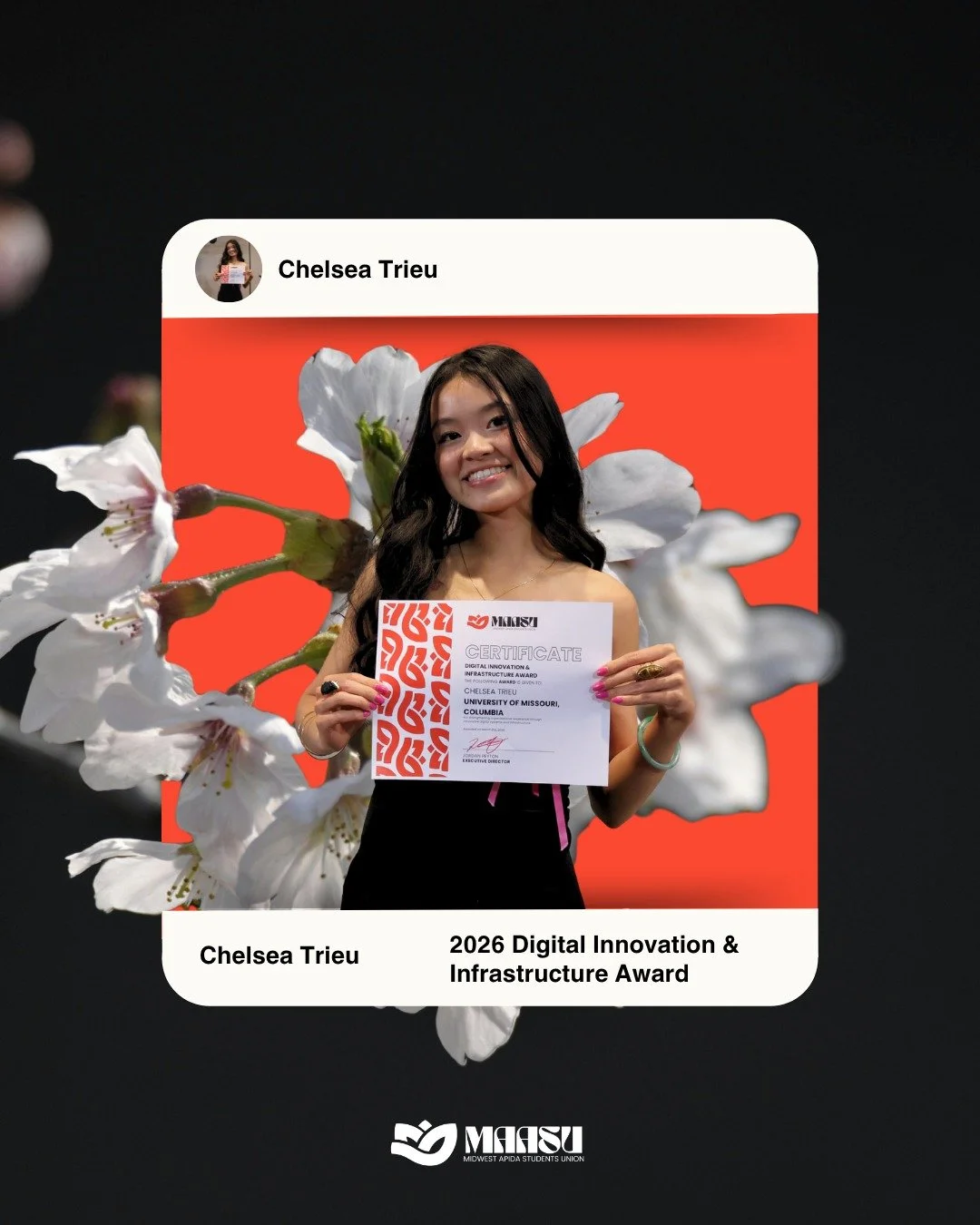 💻 2026 Digital Innovation &amp; Infrastructure Award 💻

Please join us in celebrating Chelsea Trieu from the University of Missouri&ndash;Columbia! 🎉

As Secretary of the Asian American Association, Chelsea has transformed how her organization com