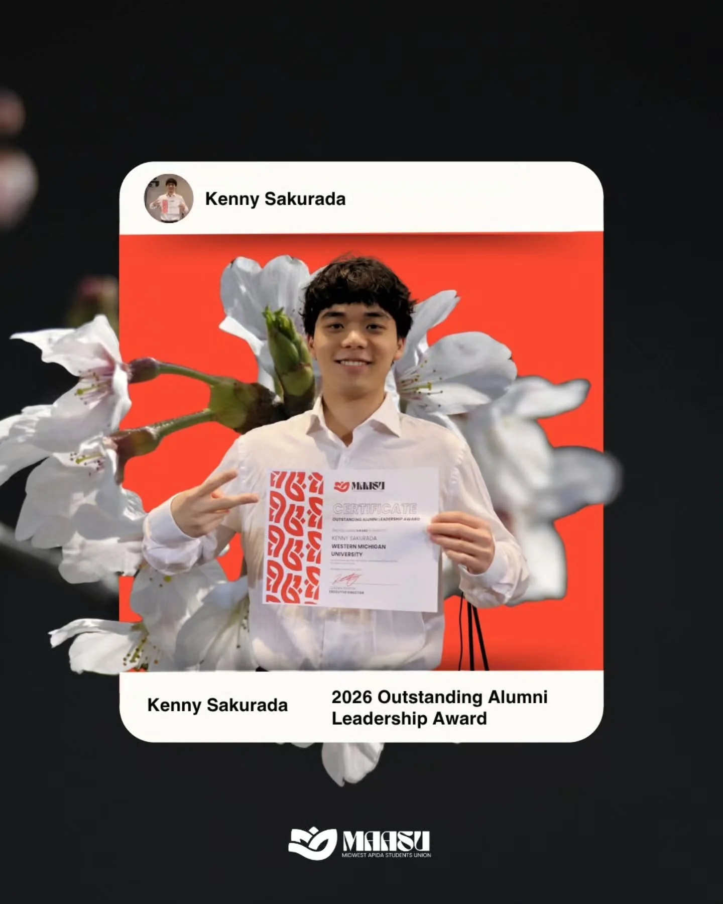 ✈️ 2026 Outstanding Alumni Leadership Award ✈️

Please join us in celebrating Kenny Sakurada from Western Michigan University! 🎉

Kenny exemplifies alumni leadership through his commitment to mentorship, innovation, and community support. As a doubl