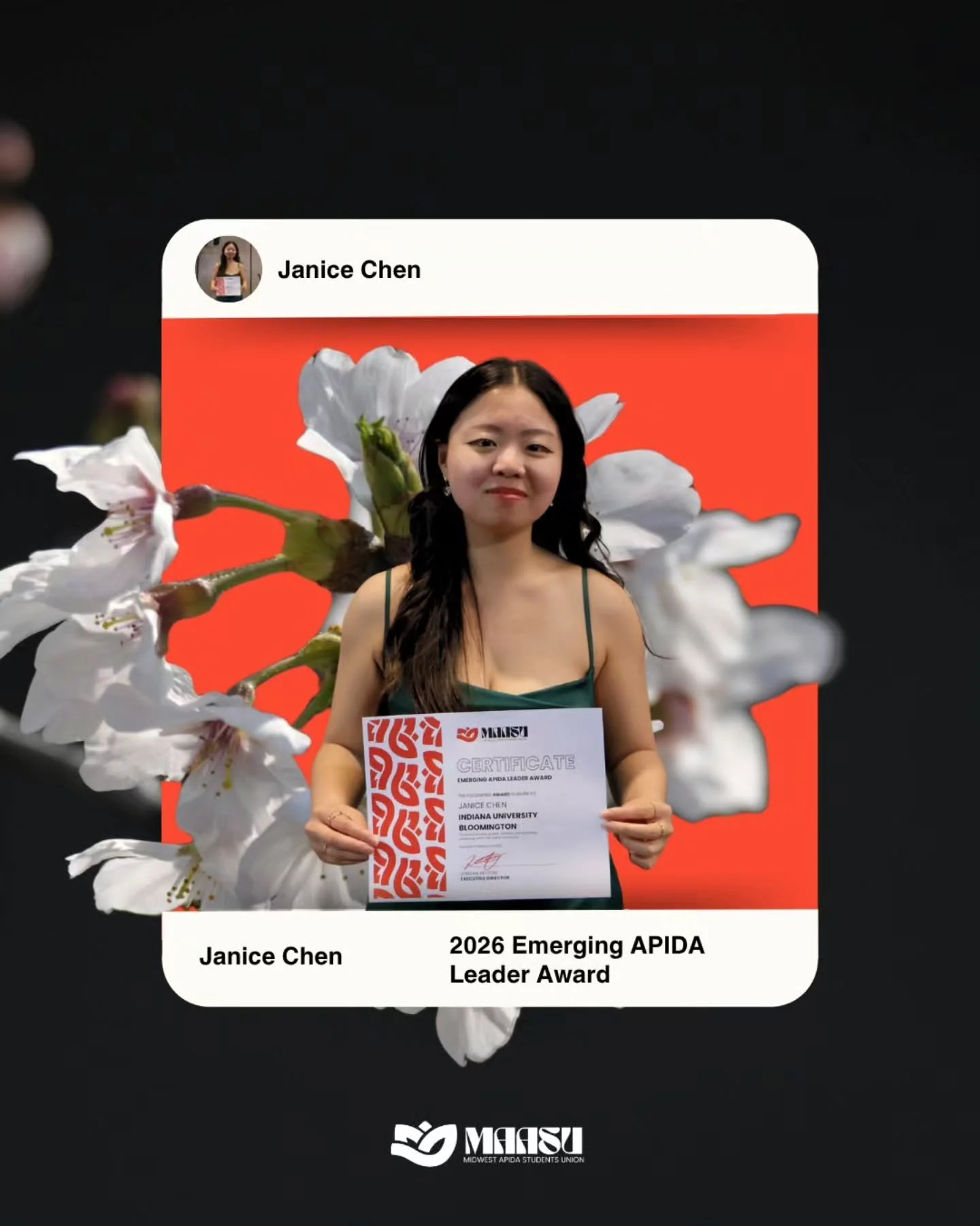 🌟 2026 Emerging APIDA Leader Award 🌟

Please join us in celebrating Janice Chen from Indiana University Bloomington! 🎉

As Vice Chair of the MAASU Executive Coordinating Committee, Janice leads with organization, intention, and encouragement&mdash