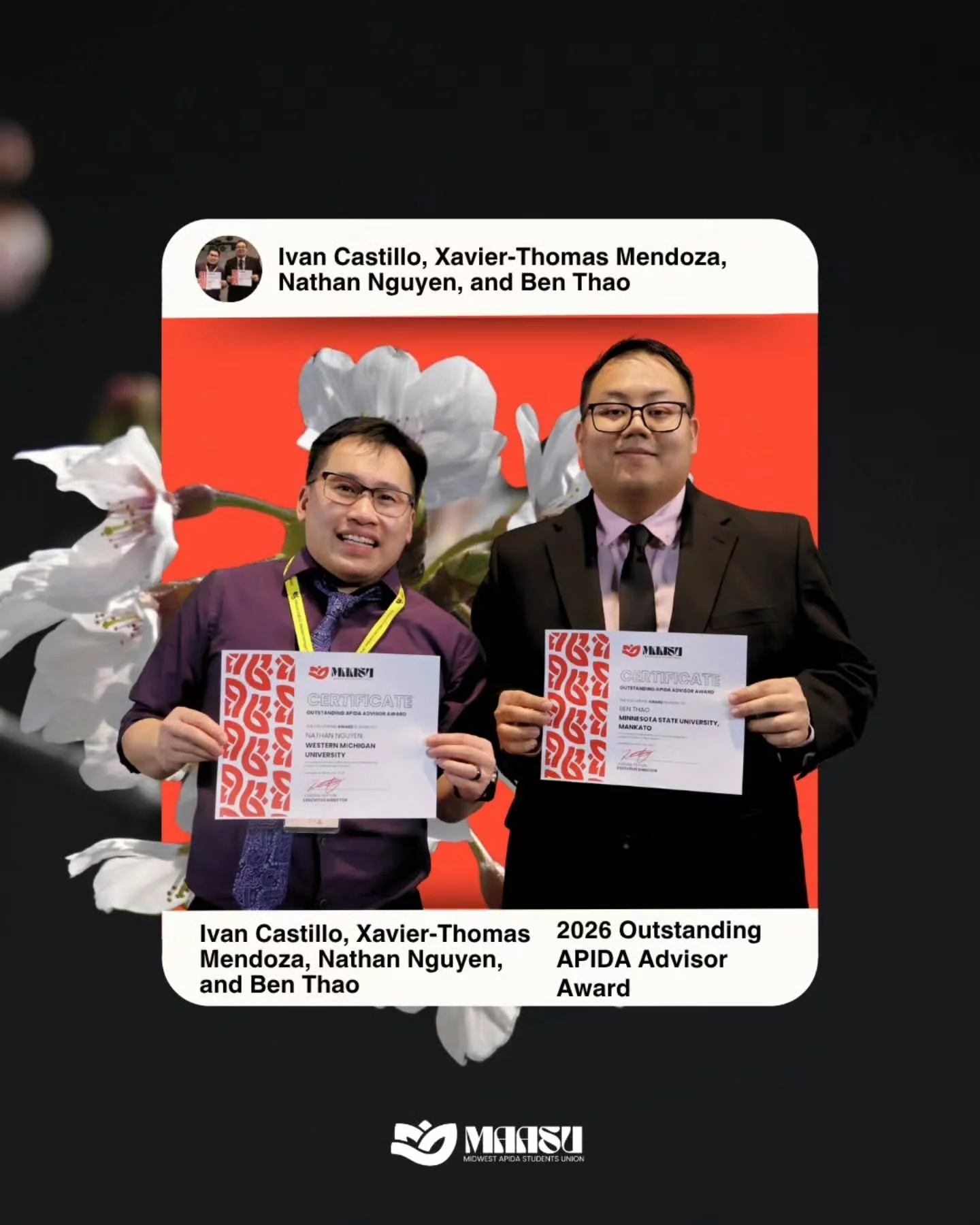 🌟 2026 Outstanding APIDA Advisor Award 🌟

Please join us in celebrating our incredible award recipients:

Ivan Castillo &bull; Xavier-Thomas Mendoza &bull; Nathan Nguyen &bull; Ben Thao 🎉

These advisors embody what it means to lead with care, adv