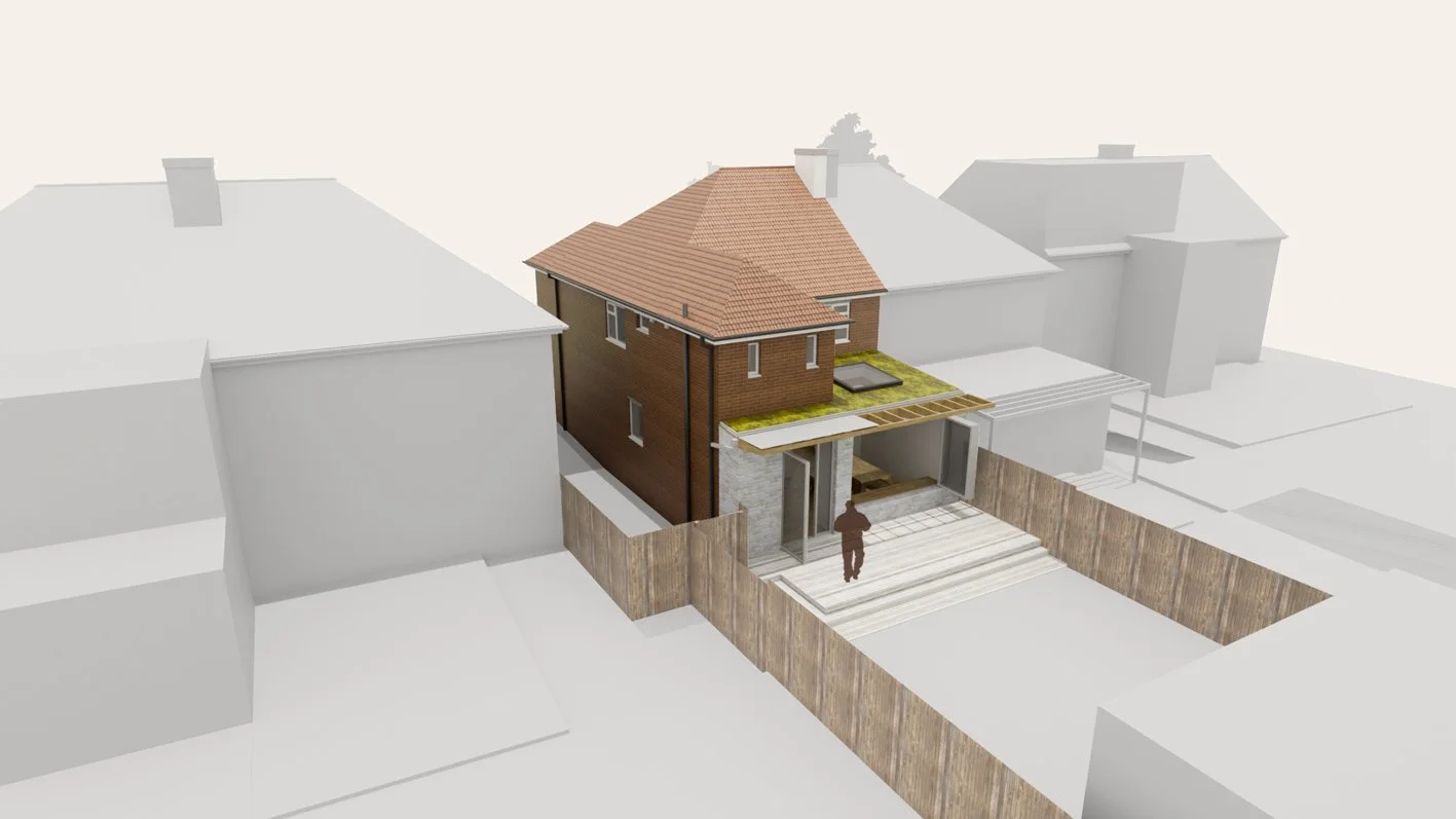 Birdseye visualisation of a new two-storey home extension in Sussex - Feron Architects