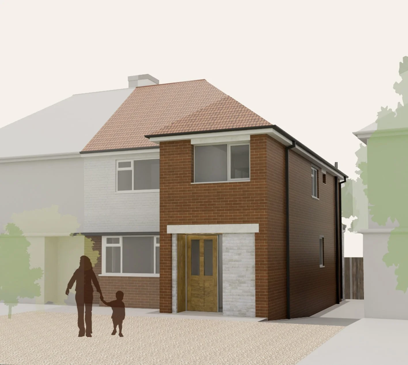 Distant visualisation of a new two-storey front home extension in Sussex - Feron Architects.