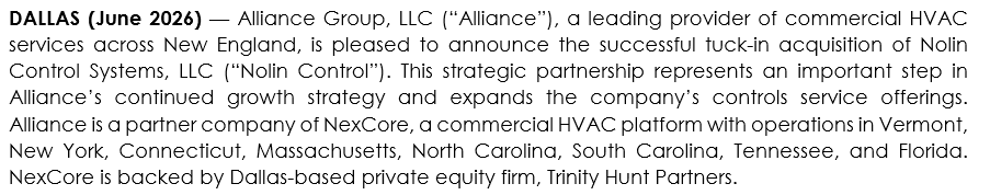 Text discussing Alliance Group, LLC's acquisition of Nolin Control Systems, LLC, and their partnership with NexCore, including locations in several states and backing by Trinity Hunt Partners.