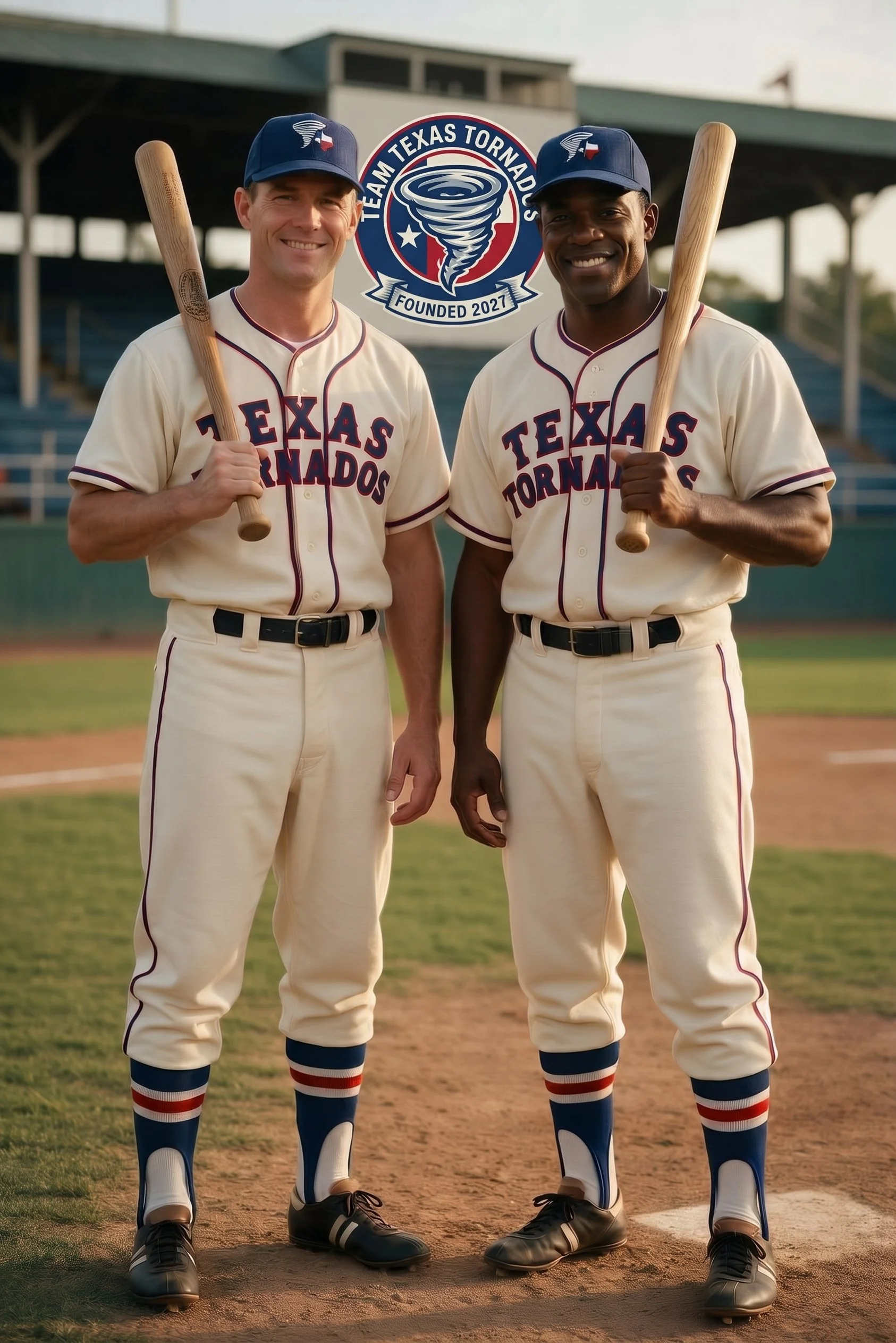 Two baseball players in uniform standing on a field, holding wooden bats, smiling, with a baseball stadium in the background. A logo for 'Team Texas Tornados' is displayed behind them.
