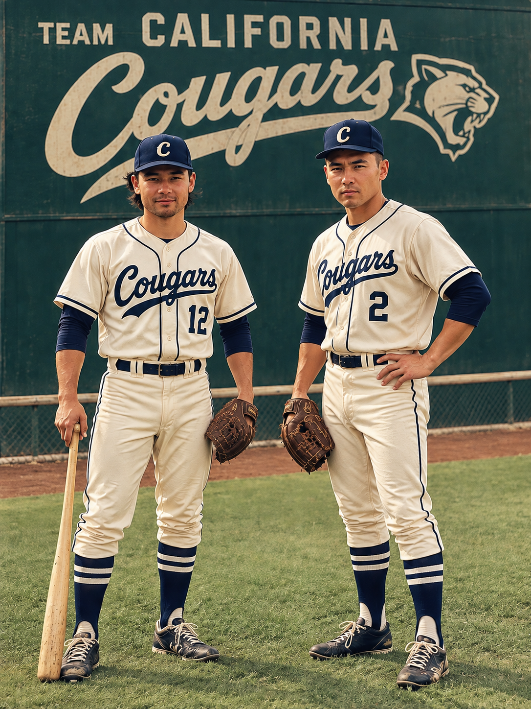 Two baseball players in uniforms with 'Cougars' team logo, standing on a baseball field. They wear caps, jerseys, pants, and cleats, holding gloves and a bat. Background has a sign with 'TEAM CALIFORNIA COUGARS' and a cougar logo.