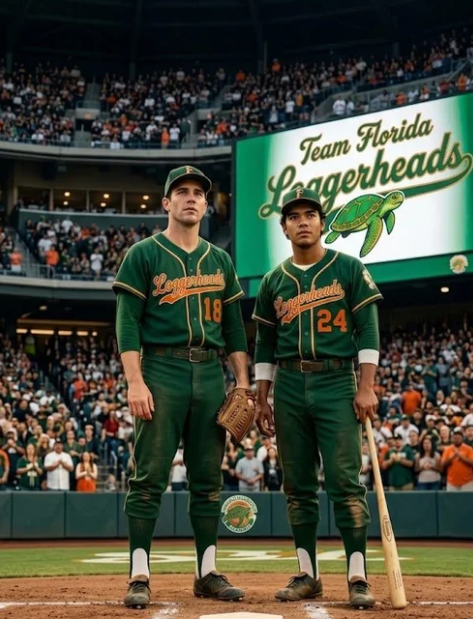 Two baseball players in green uniforms with 'Lizardheads' and numbers 18 and 24 stand on the field in front of a crowd, with a large screen displaying 'Team Florida Lizardheads' and a lizard mascot.