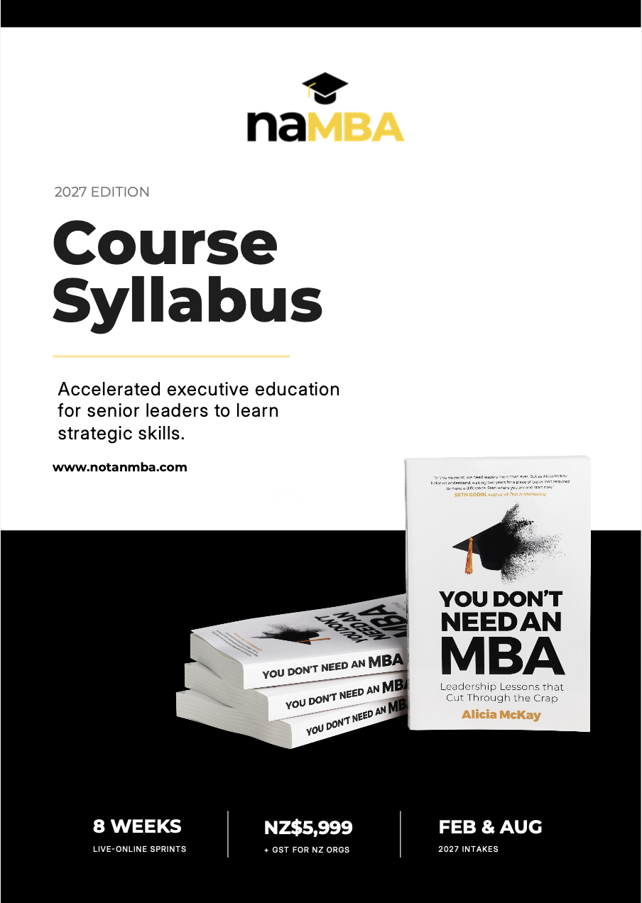 An advertisement for naMBA's 2027 course syllabus and a book titled "You Don't Need an MBA" by Alicia McKay. The ad includes details about a 8-week live online sprint, cost of NZD 5,999 plus GST, and upcoming intakes in February and August.