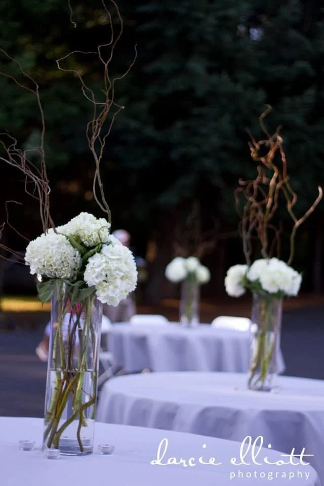 Outdoor event tables decorated with tall glass vases filled with white hydrangea flowers and curly twigs, set against a backdrop of trees.