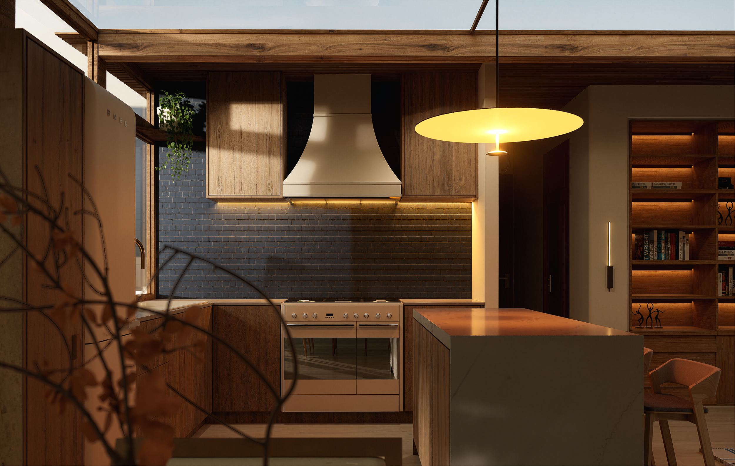 Modern kitchen with wooden cabinets, a white oven, black brick backsplash, and warm lighting. A yellow pendant light hangs over the kitchen island, with a built-in bookshelf on the right wall.