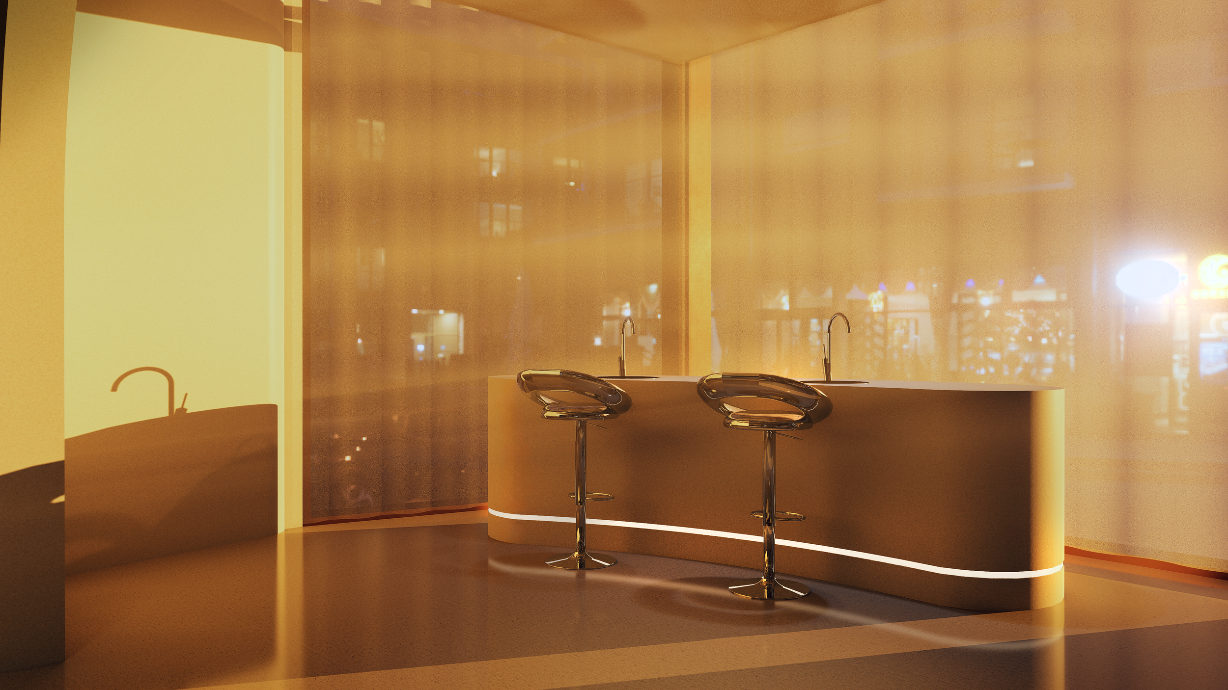 Modern lounge or bar area with a curved counter and two high-backed bar stools, illuminated by warm light with a large window or wall showing a cityscape at night.