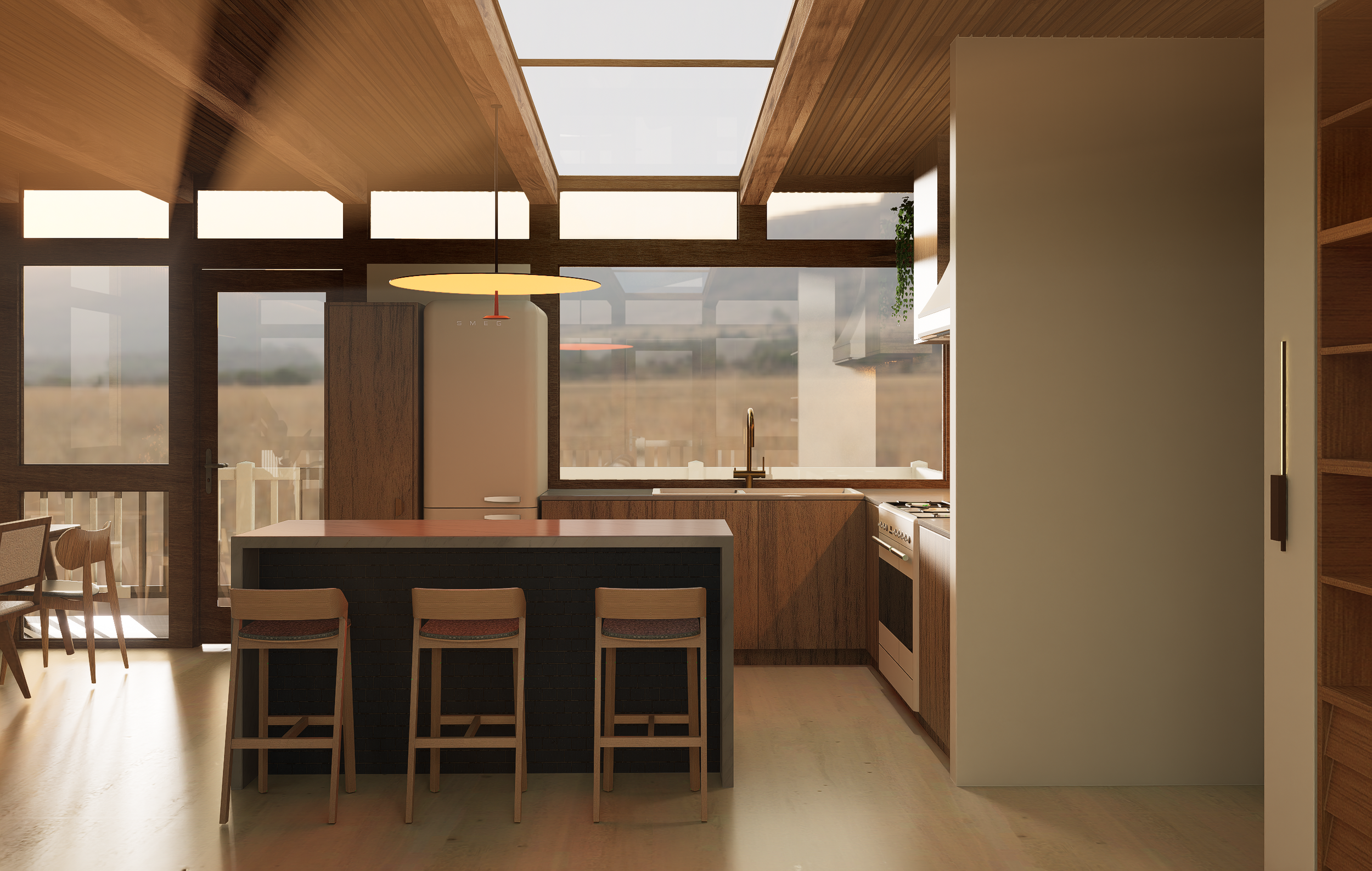 Modern kitchen with wooden cabinets, large windows, and a central island with three bar stools. Includes a refrigerator and stove, with natural light coming in from outside.