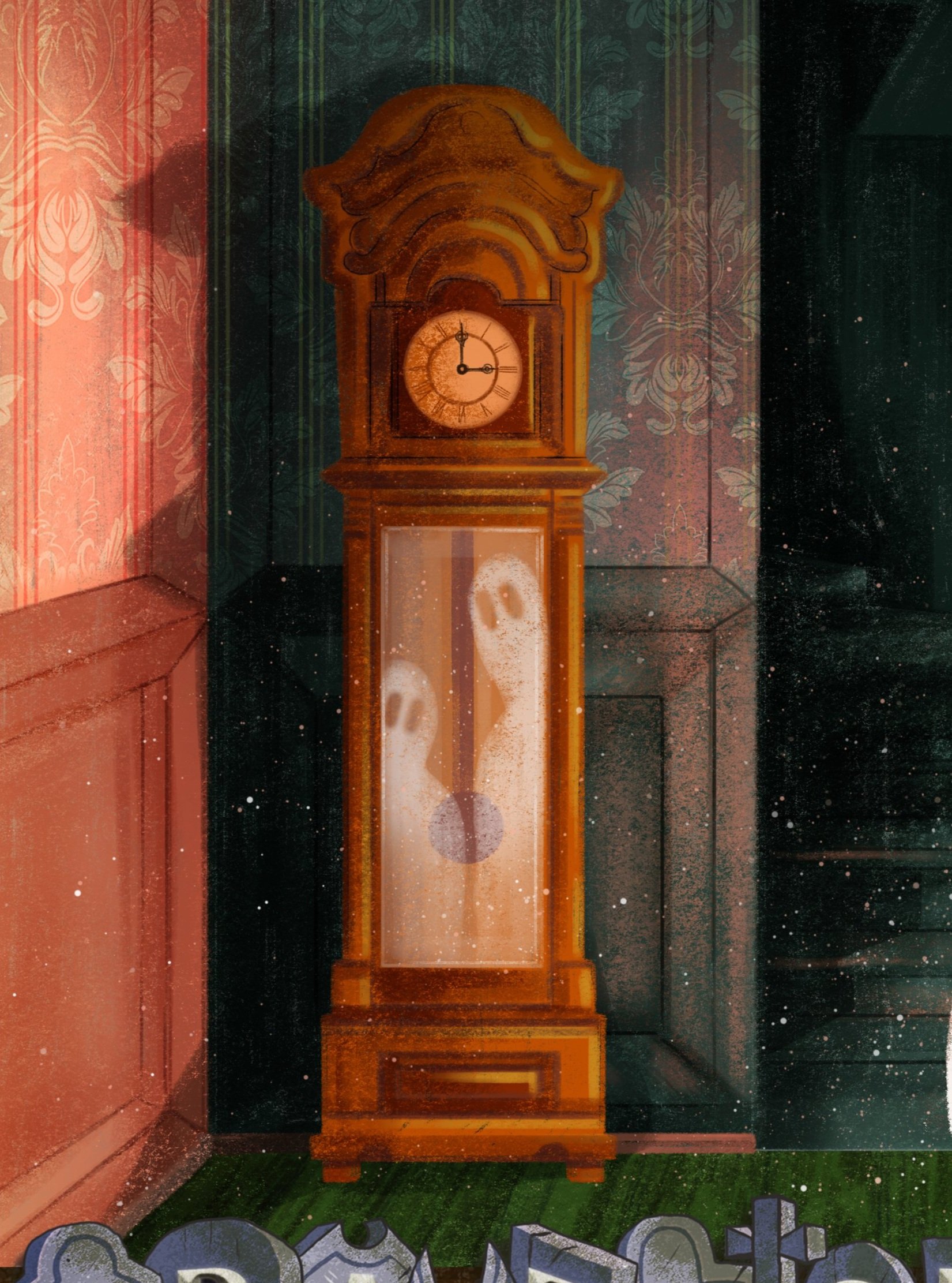 A vintage wooden grandfather clock with ghostly faces inside the glass door, standing in a dimly lit room with patterned wallpaper and wooden walls.