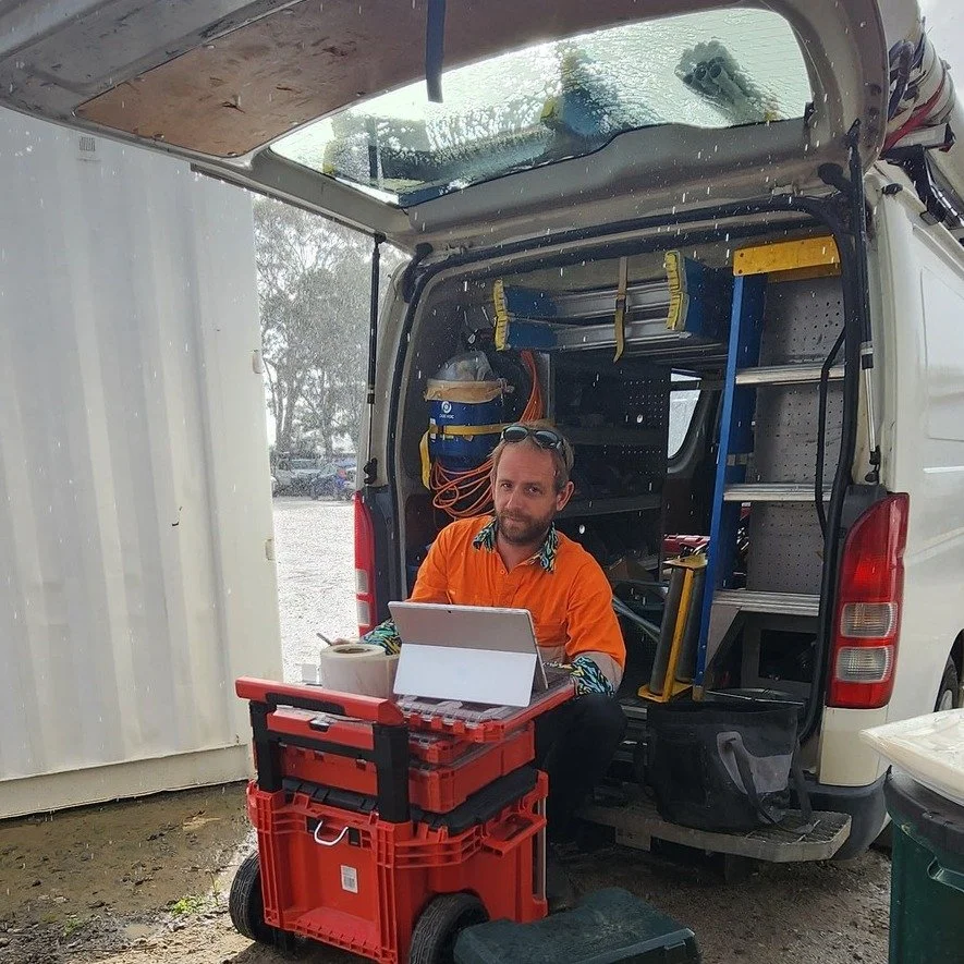 The van&rsquo;s now the office, the lunchroom, and our shelter from the rain. 
Might start charging rent.

🌧️🚐🧰
#rainydays #AussieTradieLife #SparkySolutions #DeliberatelyDifferent