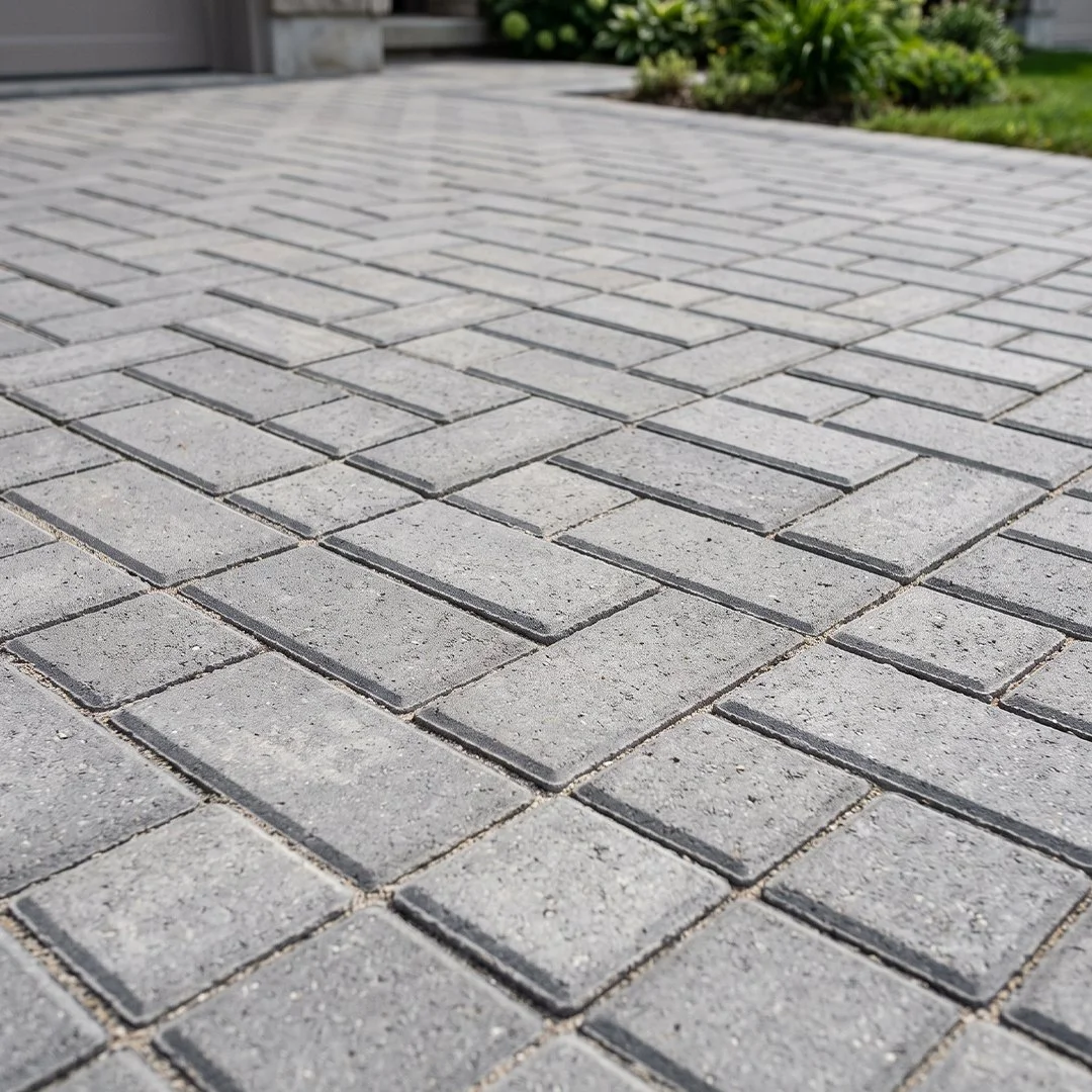 A clean close-up shot showing the geometric pattern of modern grey interlocking concrete pavers on a driveway.