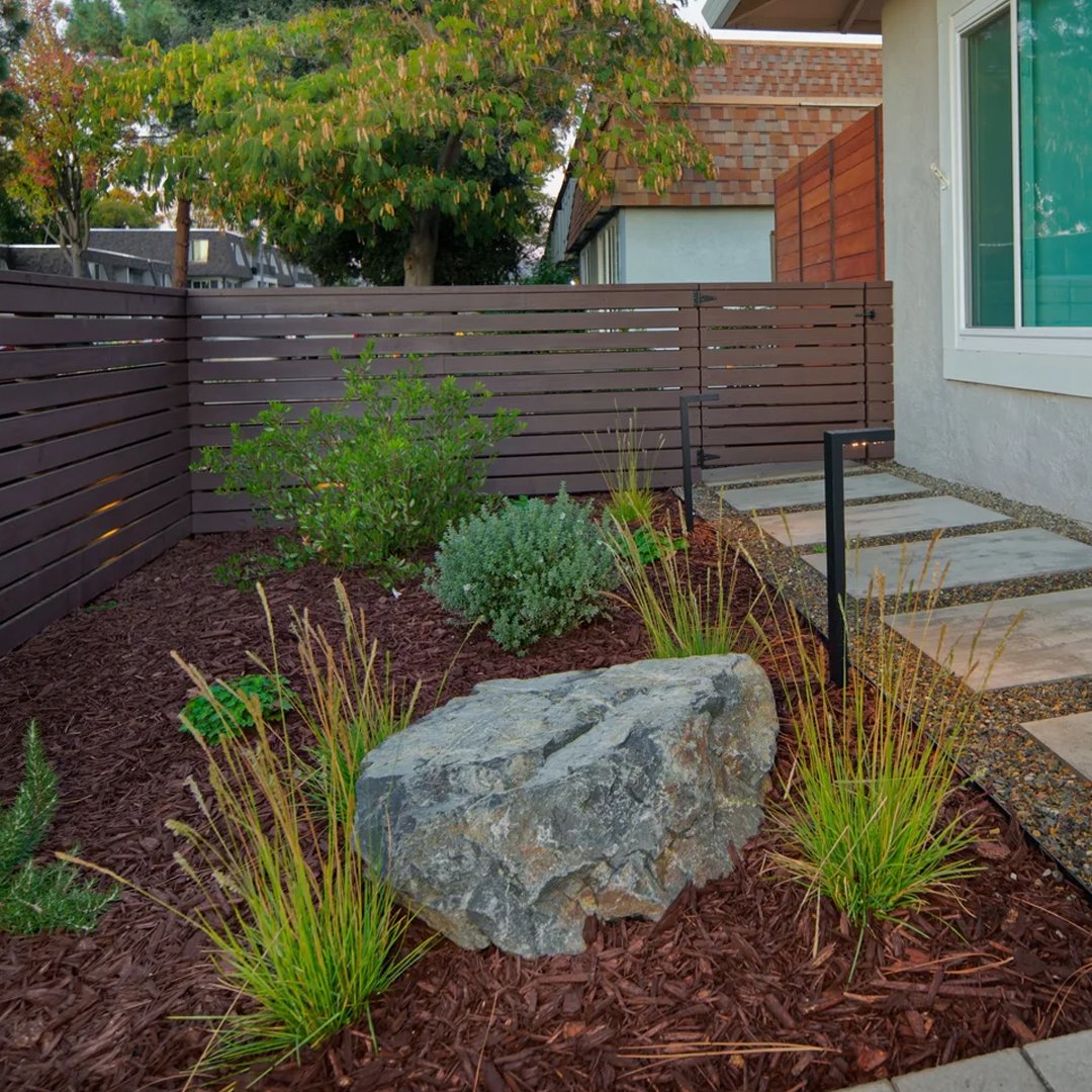A fresh layer of dark organic mulch spread neatly around healthy green landscaping shrubs.