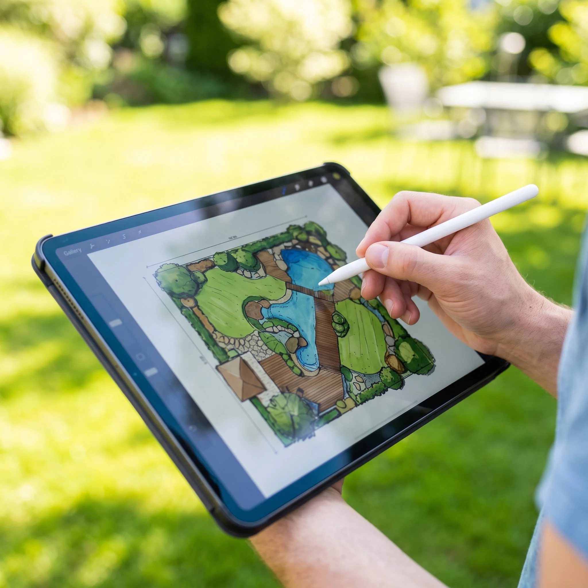 A closeup shot of a designer's hand using a stylus on a modern tablet, clearly showing a detailed landscape plan, while standing in a bright outdoor garden.