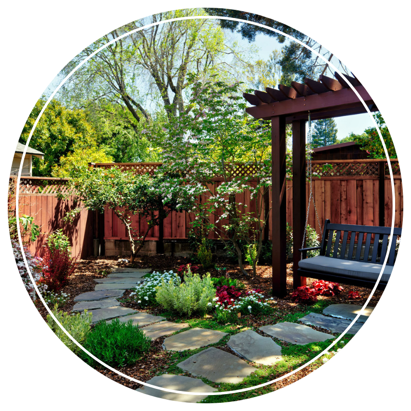 Patio and swing in a residential backyard