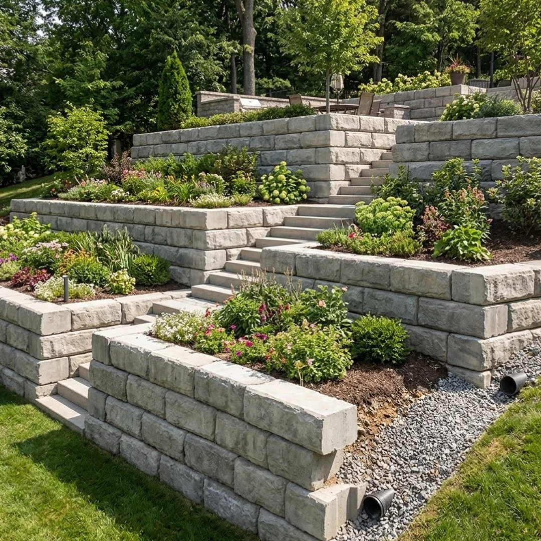 A detailed view of a sturdy, multi-level concrete block retaining wall supporting a sloped landscape with embedded garden beds.