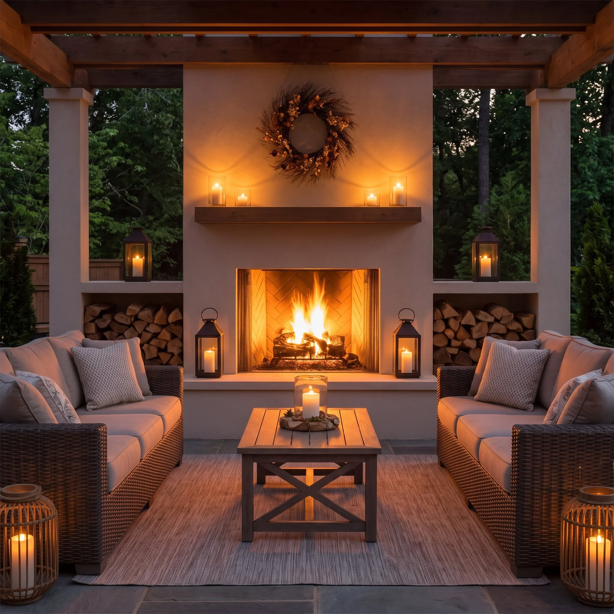 A cozy outdoor fireplace and seating area are illuminated by warm, inviting ambient lighting.