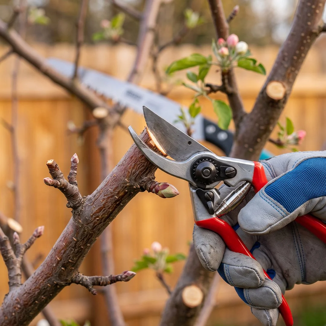 Sharp pruning shears precisely trim a woody branch to promote healthy growth.