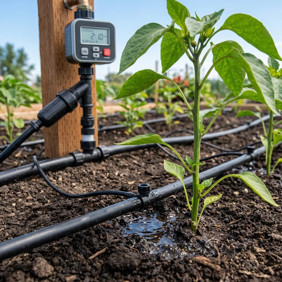 An automated drip irrigation line.