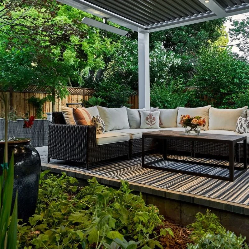a beautiful, wooden, outdoor patio platform