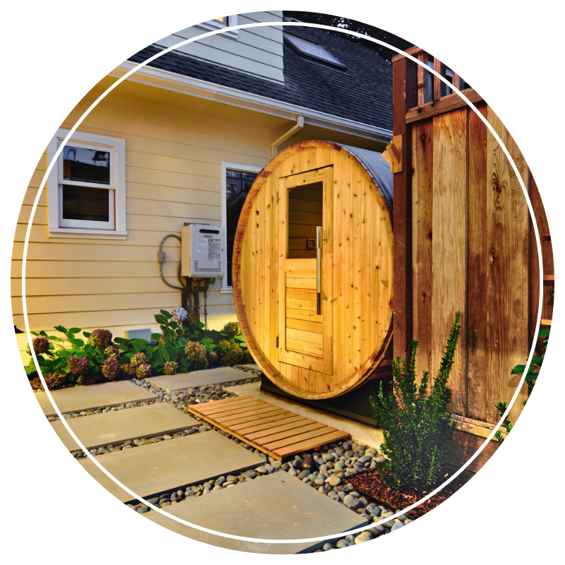 Backyard sauna and hardscaped path