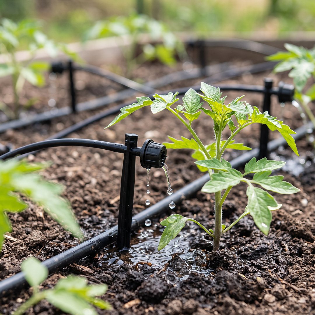 Close-up of a drip irrigation system watering plants.