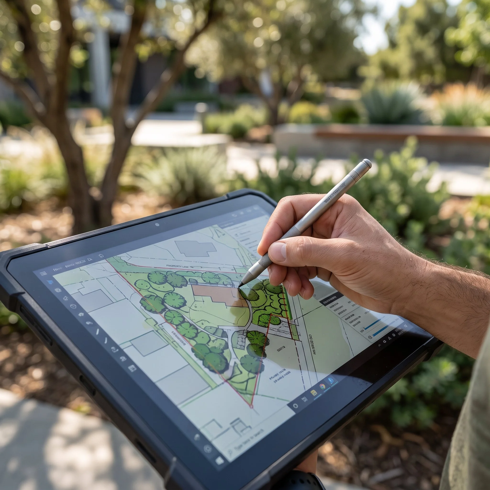 A closeup shot of a designer's hand using a stylus to analyze digital landscape blueprints on a tablet while outdoors.