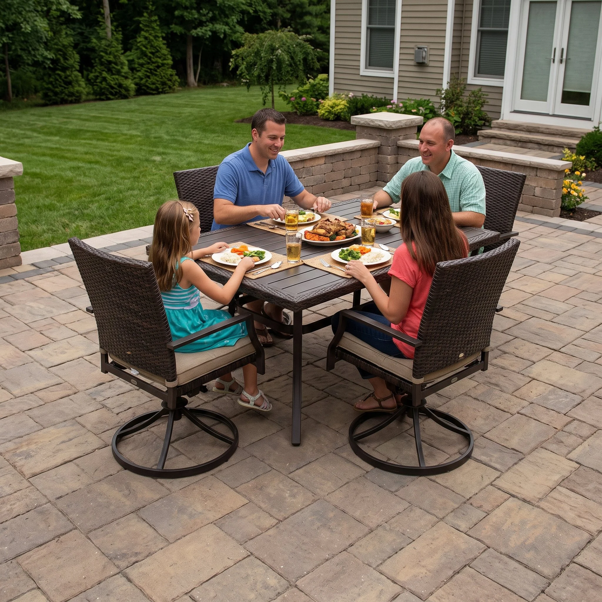 A family gathers around a table for dinner on a beautifully designed paver patio during the evening.