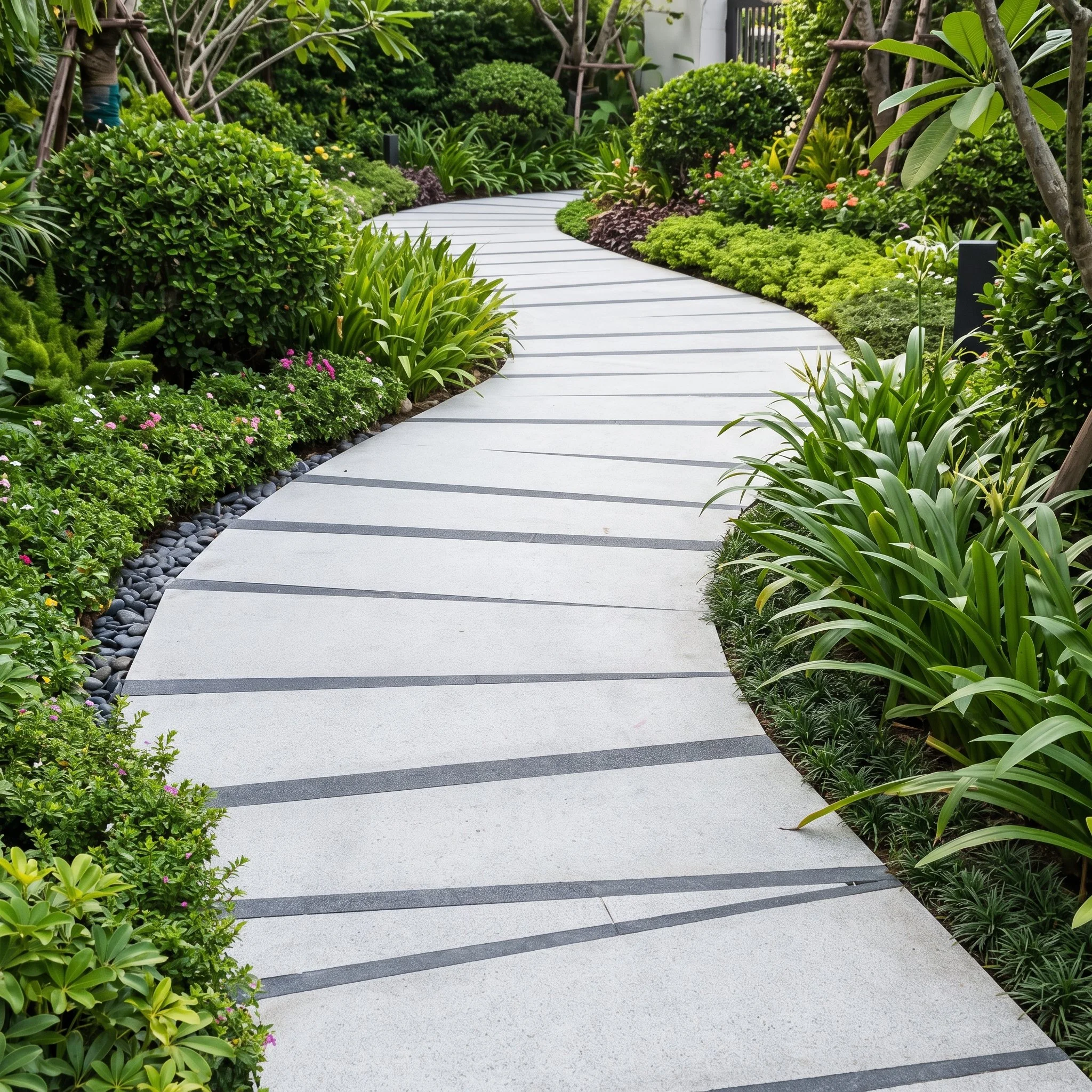 An elegant modern stone pathway winds gracefully through a lush, vibrant garden with diverse plantings.